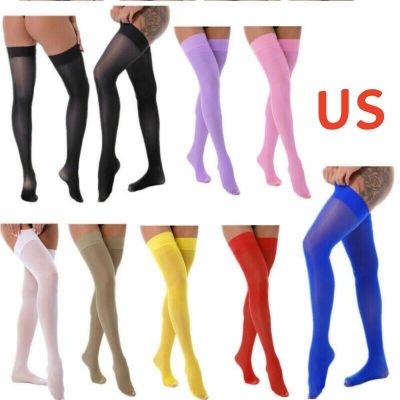 US Womens See Through Thigh-High Stockings Thin Shiny Solid Color Socks Clubwear